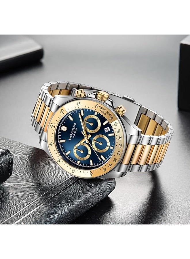 SAPPHERO Men's Stainless Steel Chronograph Watch, 50m Water Resistant, Analog Quartz Movement with Date Display, Classic and Elegant Luxury Watch, Refined Gift for Men - Image 4
